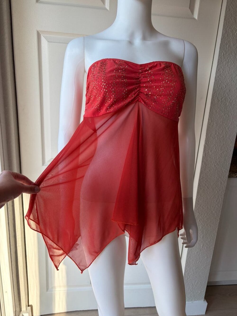 Y2k sheer orange & gold glitter tube top